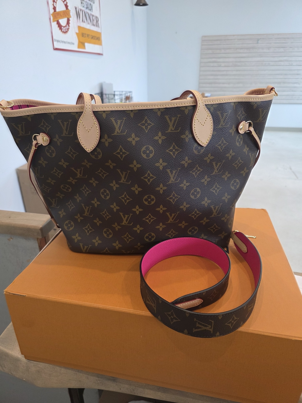 Louis Vuitton Neverfull MM Bandouliere Tote with Pink Strap Accent